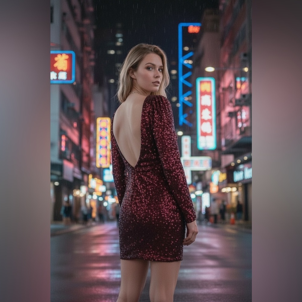 Burgundy Sequin Open Back Mini Dress Long Sleeve S